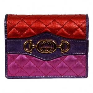 NEW GUCCI women's zumi nappa trapunata quilted card case wallet in metallic red